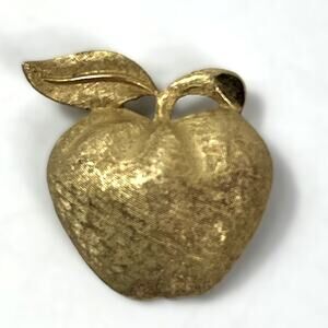 Vintage Signed Coro Apple Brooch Gold Tone Textured Fruit Pin Teacher Gift